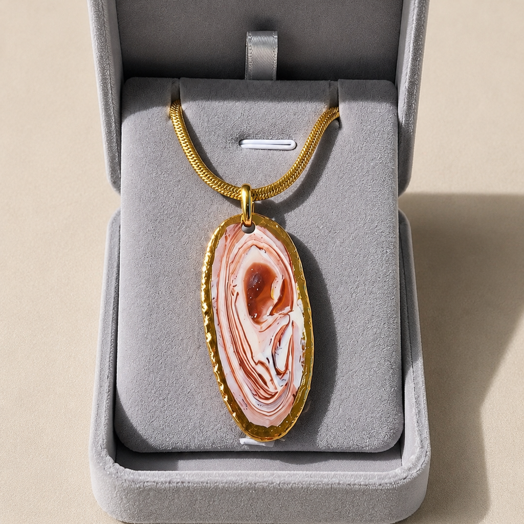 Necklace with a pink stone pendant in a gray jewelry box on a beige background