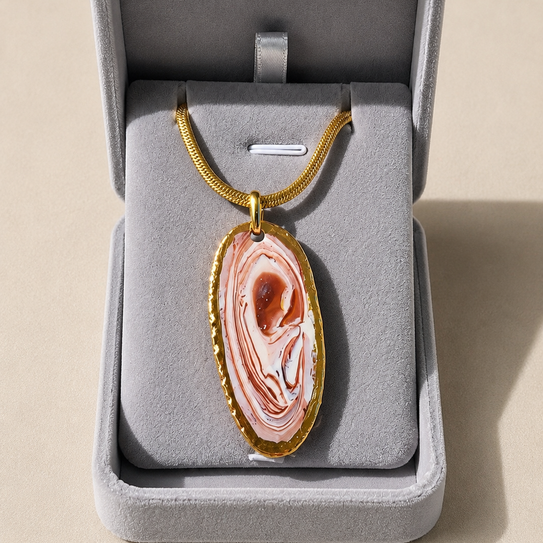 Necklace with a pink stone pendant in a gray jewelry box on a beige background
