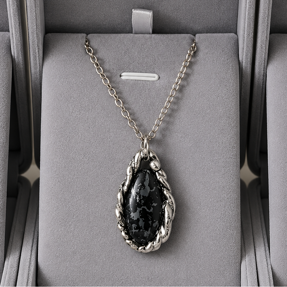 Necklace with a dark pendant in a gray jewelry box